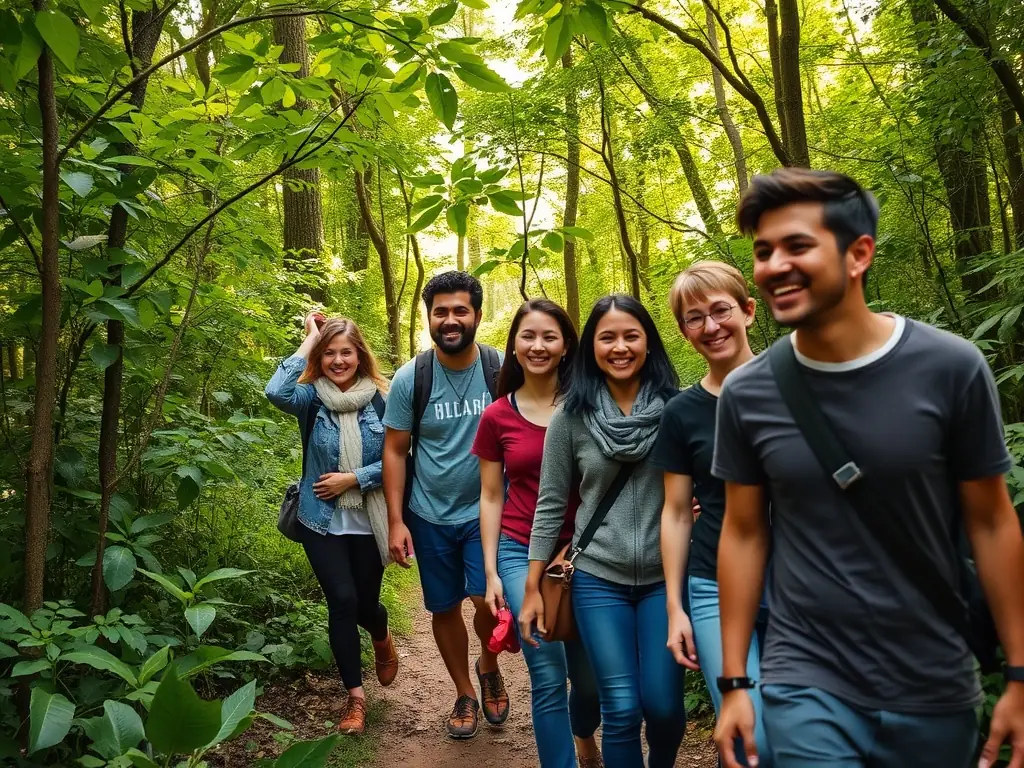 A group participating in a Nordic walking session in a forest, demonstrating the proper technique and the health benefits of this activity.