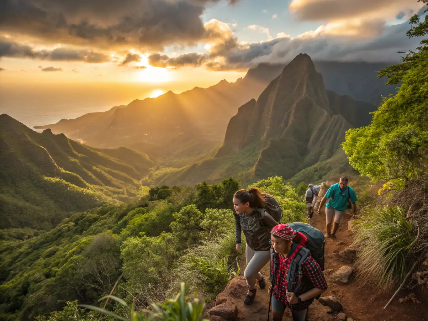 A group of hikers traversing a mountain trail at sunrise, showcasing the beauty of the PACA region and the camaraderie of A.R.P.F.'s hiking programs.