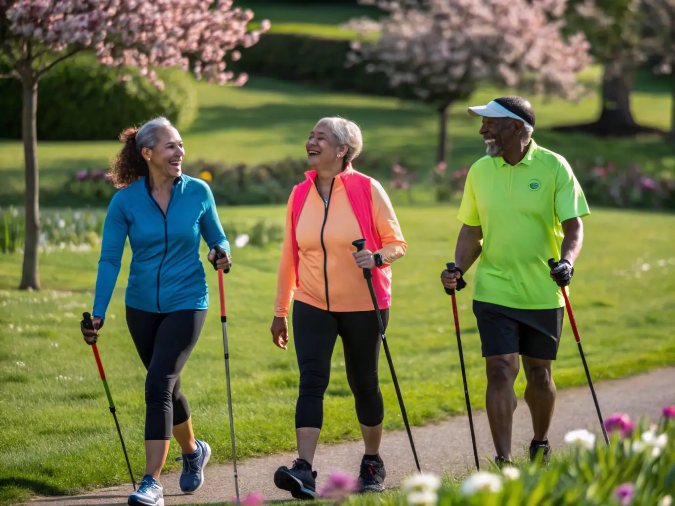 A group of A.R.P.F. members participating in a Nordic walking session in a local park, emphasizing the health benefits and community engagement aspects of the activity.