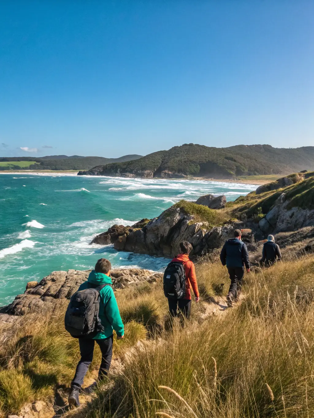 A group of hikers gathered around a map, planning their route for a regional excursion, with the leader pointing out key landmarks and points of interest.