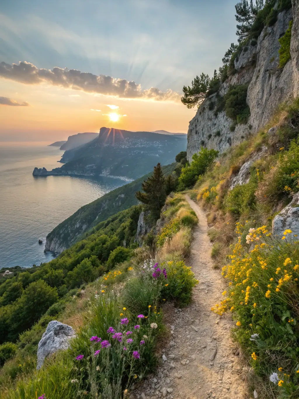 A group of hikers ascending a rocky trail in the Calanques National Park, Marseille, France, under a clear blue sky, showcasing a challenging but rewarding hike organized by A.R.P.F.