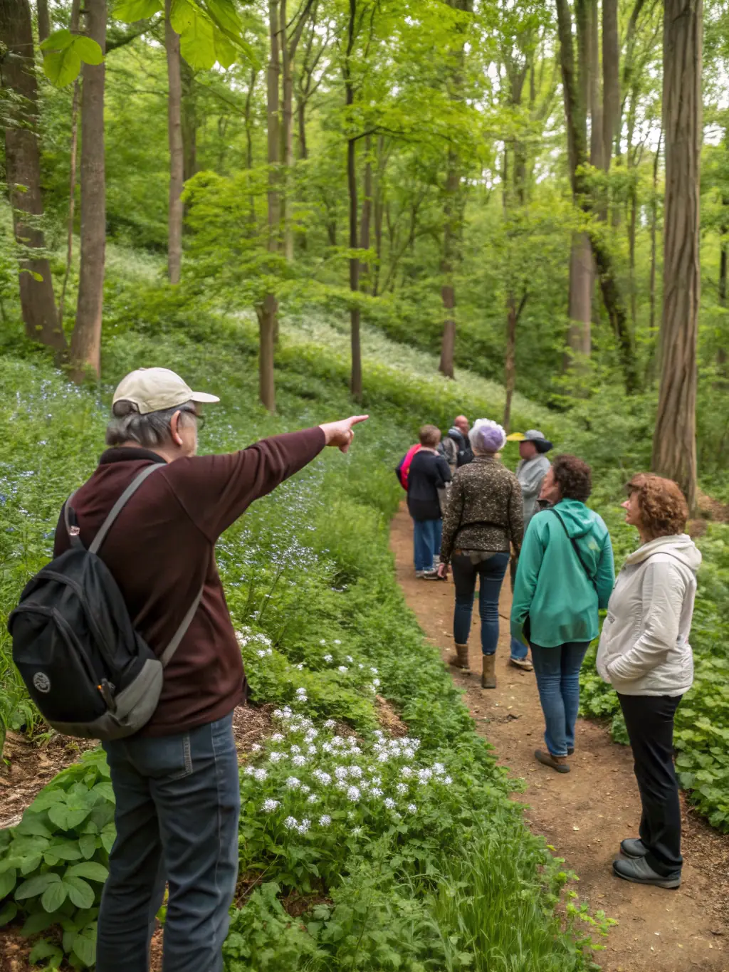 A group of hikers of varying ages enjoying a guided hike through a sun-dappled forest trail in the PACA region, led by an experienced guide pointing out local flora.