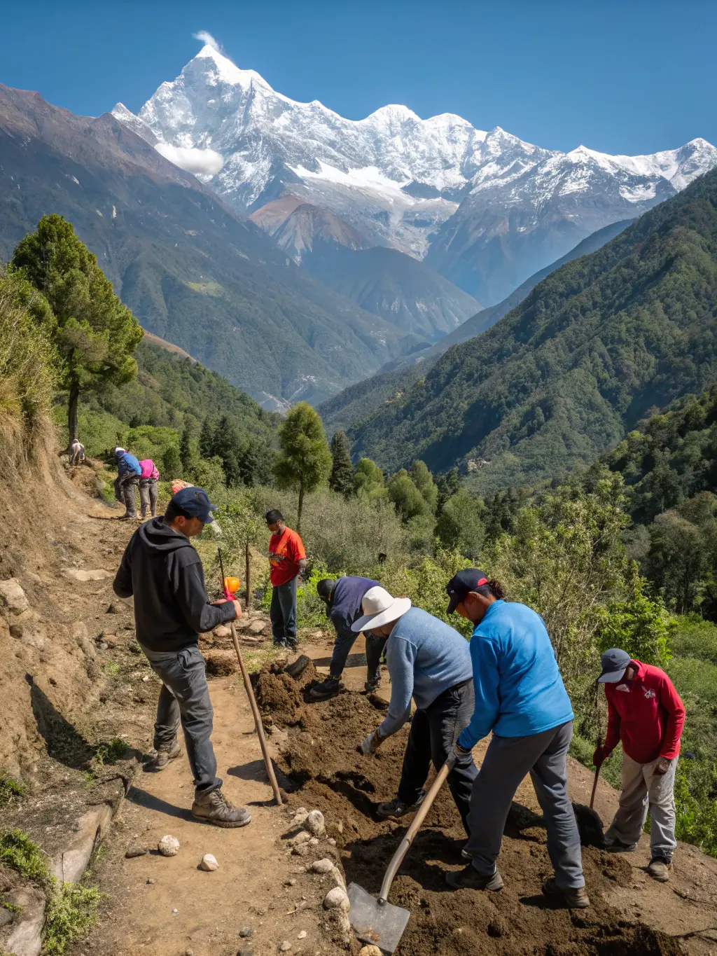 A picture of volunteers maintaining a hiking trail, clearing debris and ensuring safe passage, with the A.R.P.F. logo subtly visible on their attire.